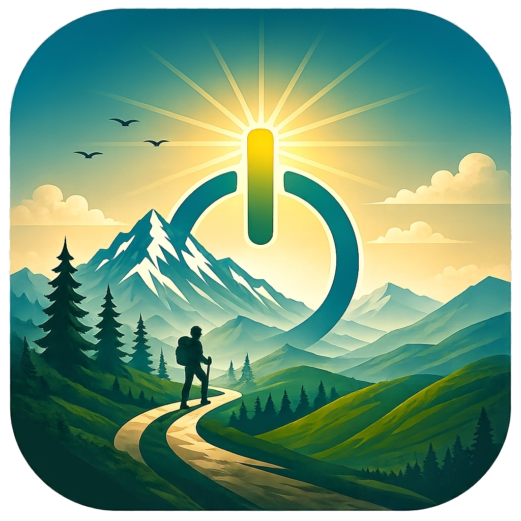 TourOn logo: a hiker on a mountain trail under a rising sun shaped like a power symbol